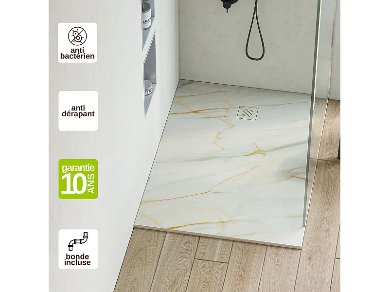 Receveur de Douche Extraplat  90x180x2,6cm – Impression Calacata Gold en Résine Minérale - Antidérapant - RÉSIGRÈS