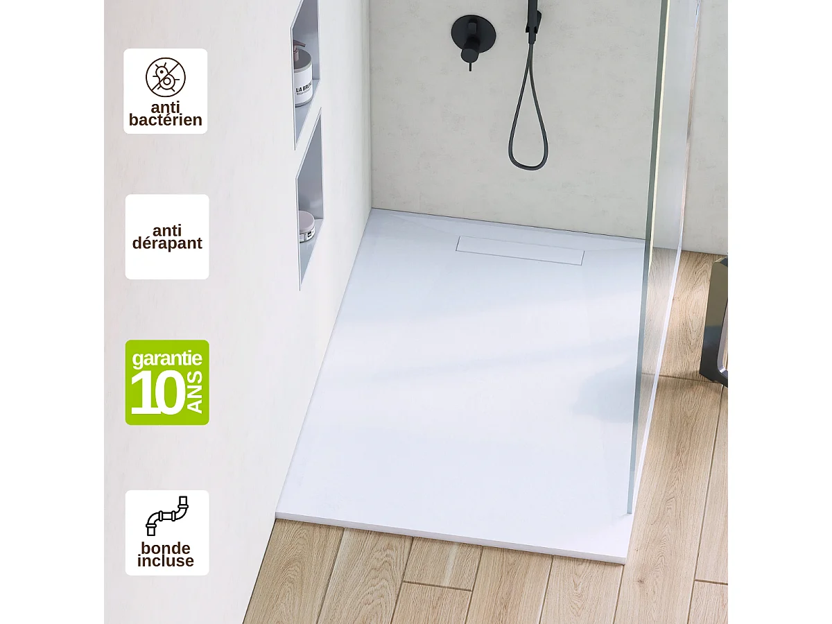 Receveur de Douche Extraplat 70X160x2,8cm Blanc en Résine Minérale – Antidérapant,Texture Ardoise - ADICIONAL RÉSIGRÈS