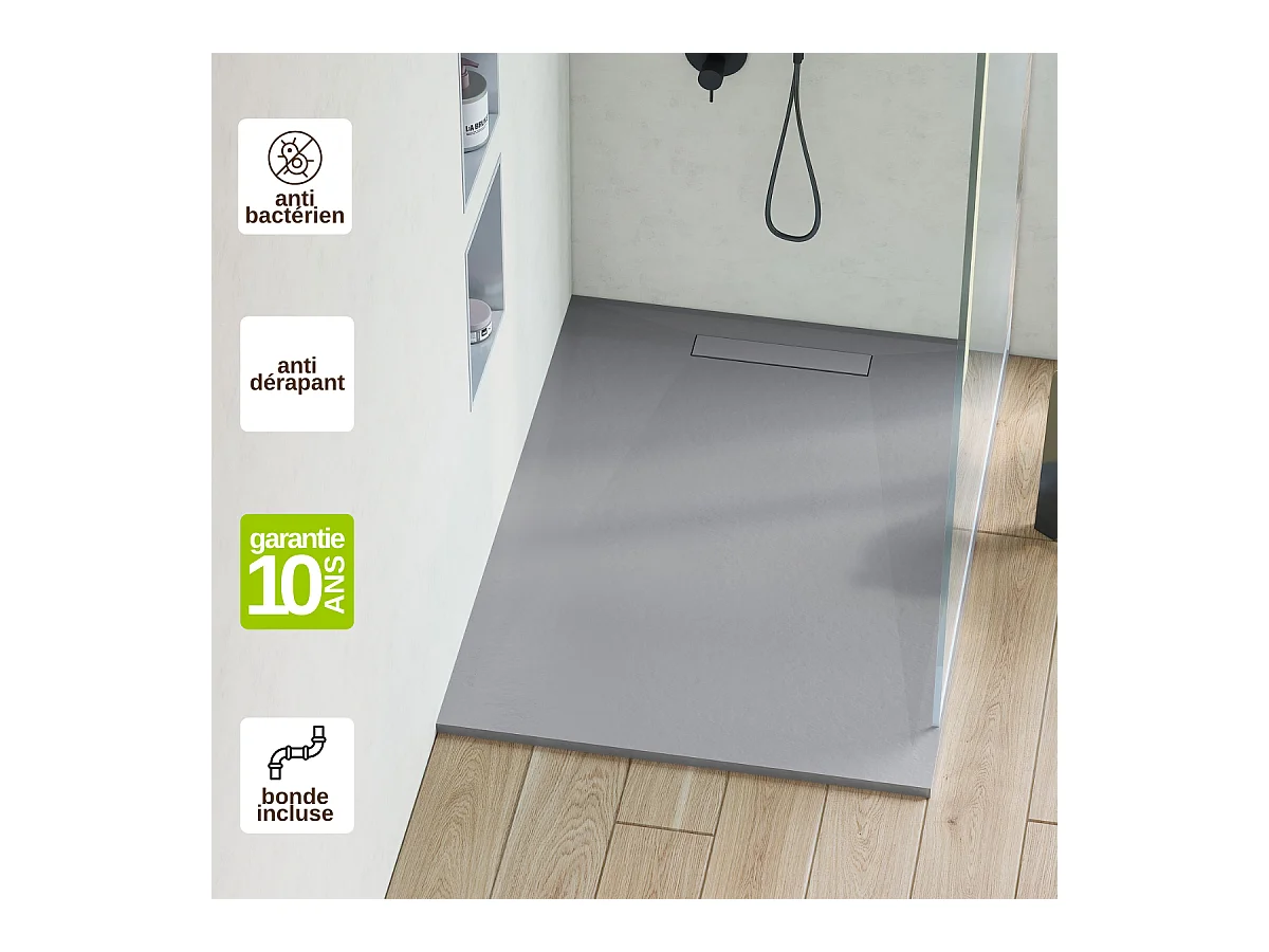 Receveur de Douche Extraplat 70X140x2,8cm Gris en Résine Minérale – Antidérapant,Texture Ardoise - ADICIONAL RÉSIGRÈS