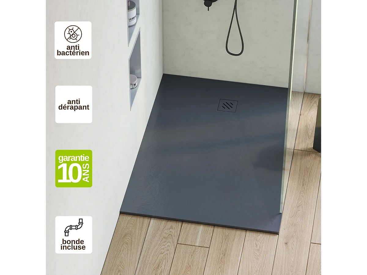 Receveur de Douche Extraplat 100X130cm Graphite - Résine Minérale - Antidérapant - Effet Pierre Naturelle - RÉSIGRÈS.