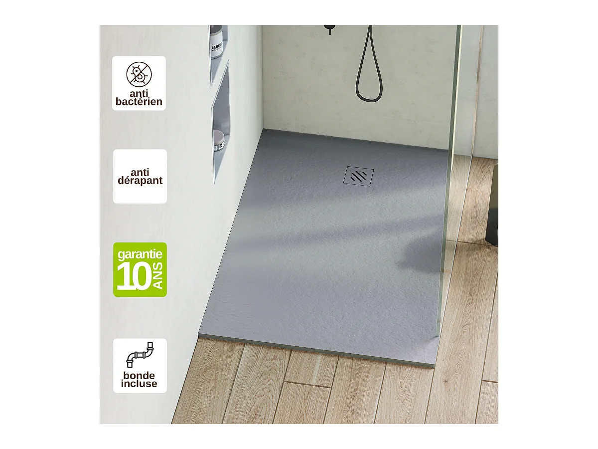 Receveur de Douche Extraplat 80x80x2,6cm Gris en Résine Minérale – Antidérapant, Texture Ardoise - MINIMO RÉSIGRÈS