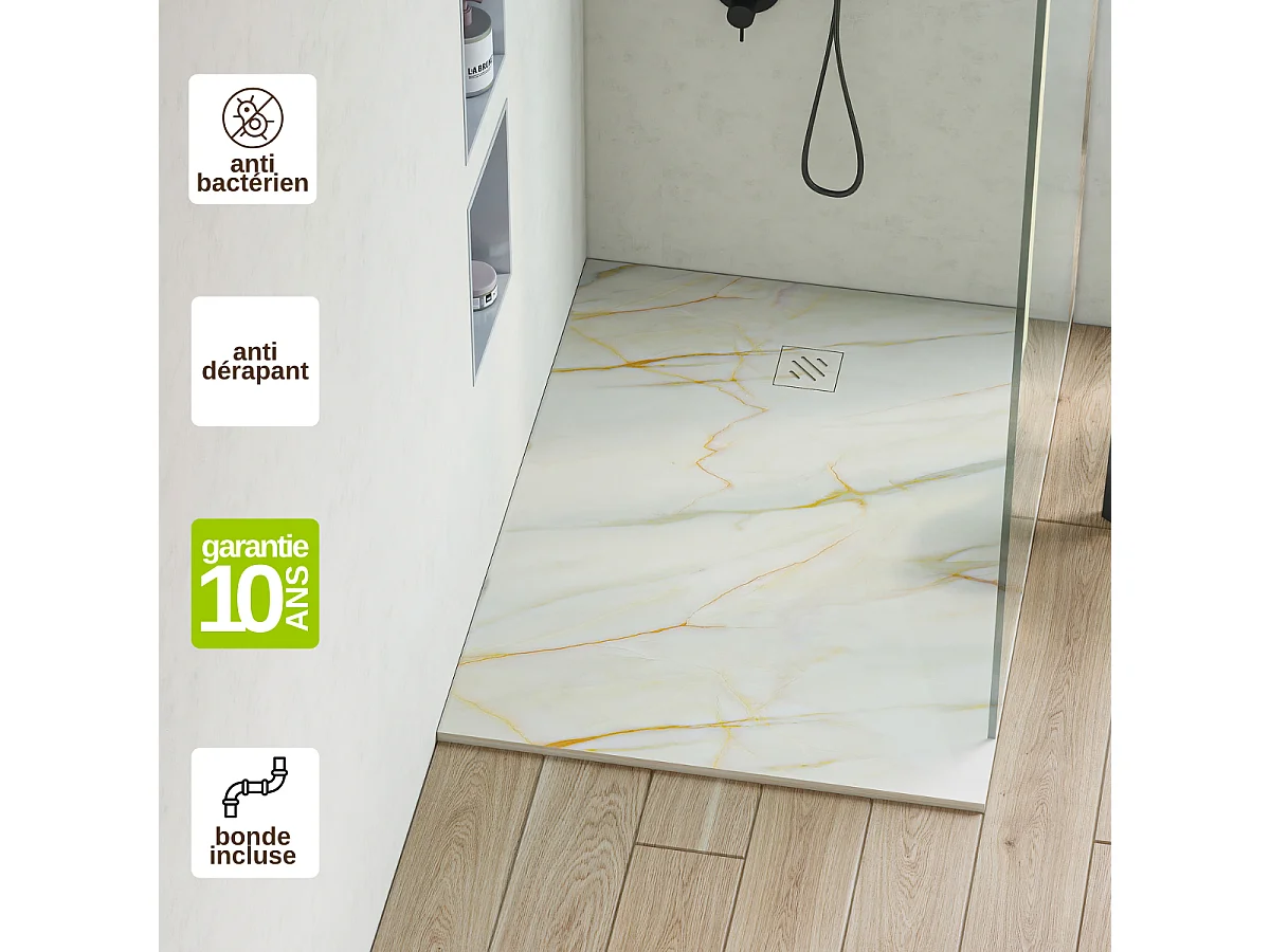 Receveur de Douche Extraplat  90x120x2,6cm – Impression Calacata Gold en Résine Minérale - Antidérapant - RÉSIGRÈS