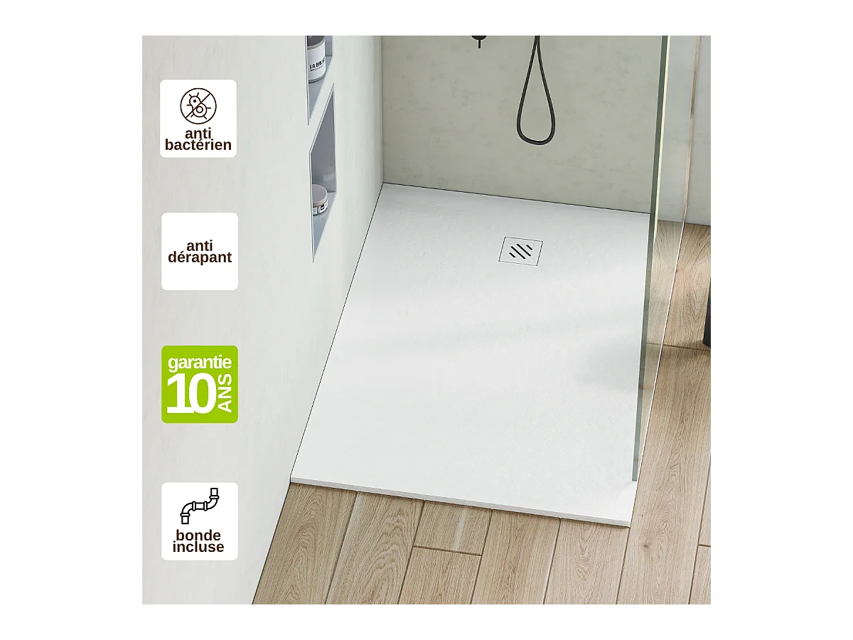 Receveur de Douche Extraplat 100x100x2,6cm Blanc en Résine Minérale – Antidérapant, Texture Ardoise - MINIMO RÉSIGRÈS
