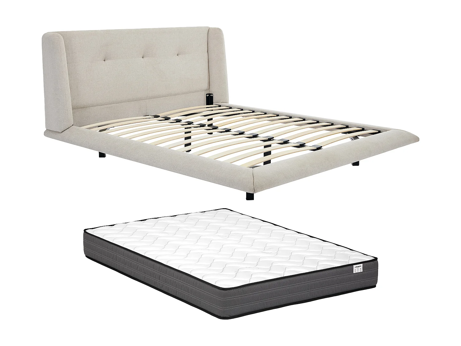 Lit 160 x 200 cm avec tête de lit capitonnée - Tissu - Beige + Matelas - PENAVI