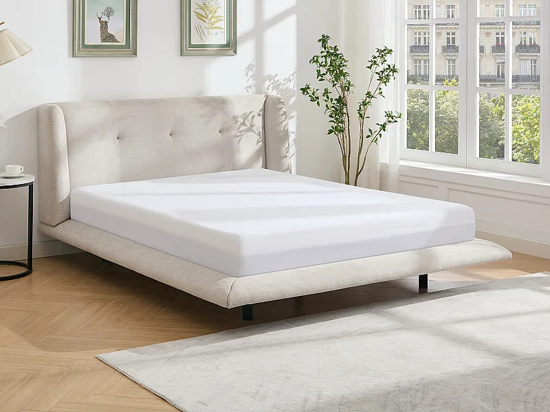 Lit 160 x 200 cm avec tête de lit capitonnée - Tissu - Beige + Matelas - PENAVI
