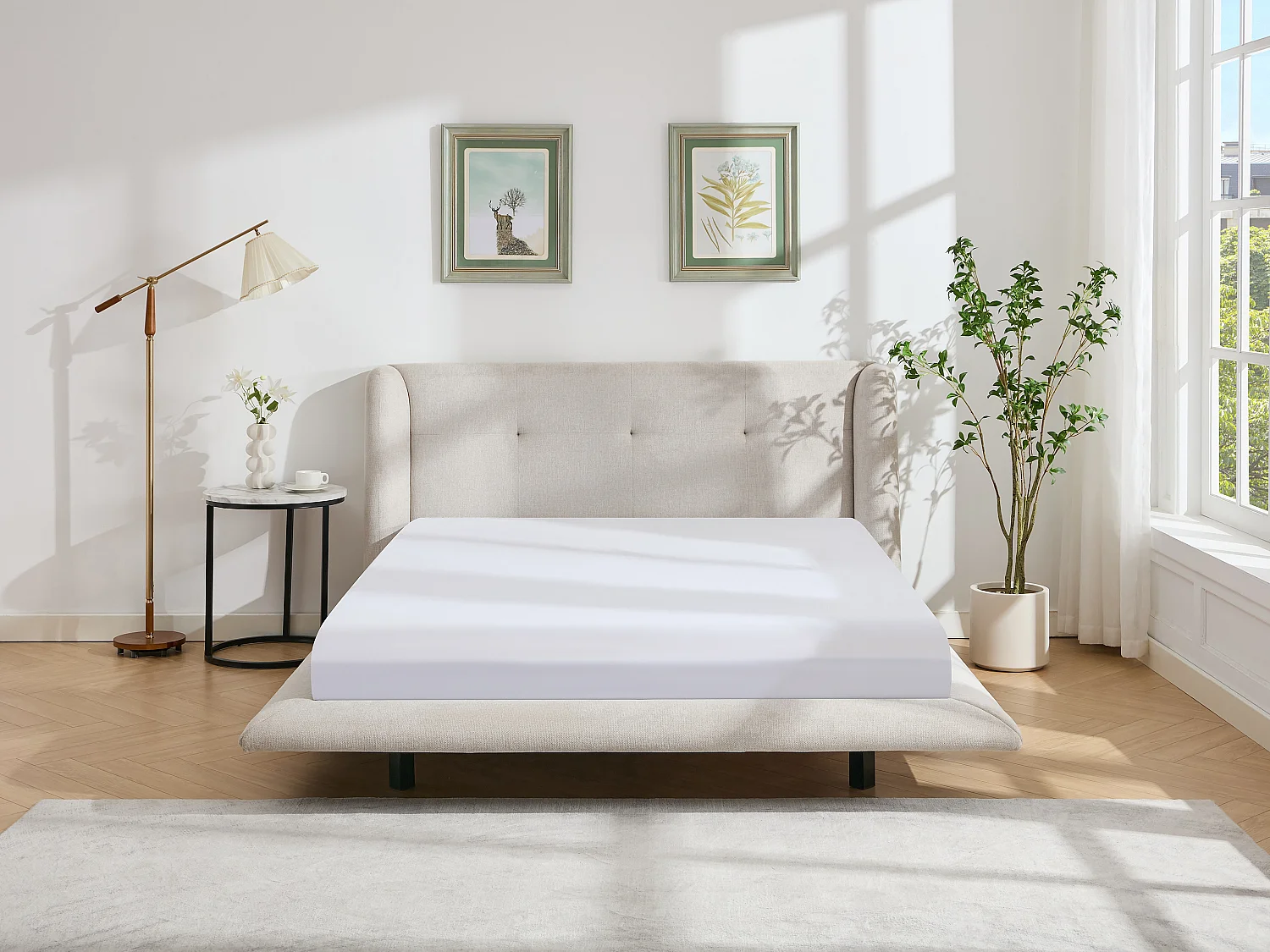 Bed 140 x 190 cm met hoofdbord met capitons - Stof - Beige + matras - PENAVI