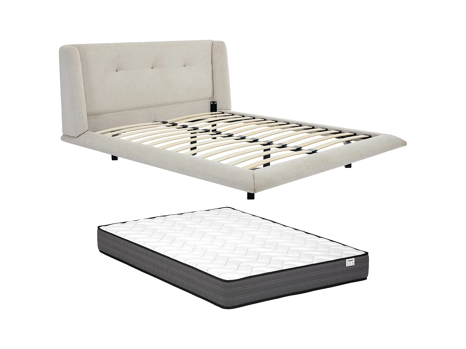 Bed 140 x 190 cm met hoofdbord met capitons - Stof - Beige + matras - PENAVI