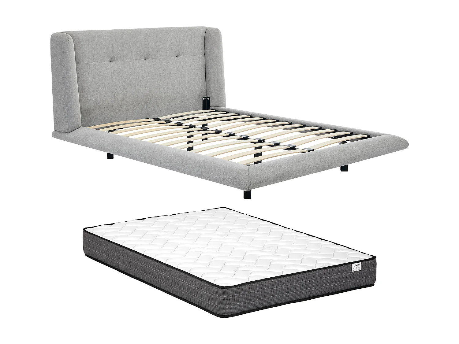 Lit 140 x 190 cm avec tête de lit capitonnée - Tissu - Gris clair + Matelas - PENAVI