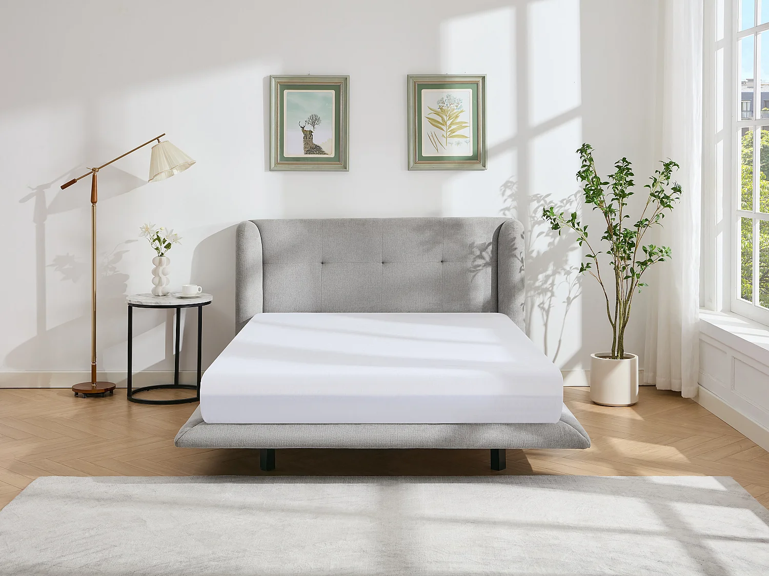 Bed 160 x 200 cm met hoofdbord met capitons - Stof - Lichtgrijs + matras - PENAVI