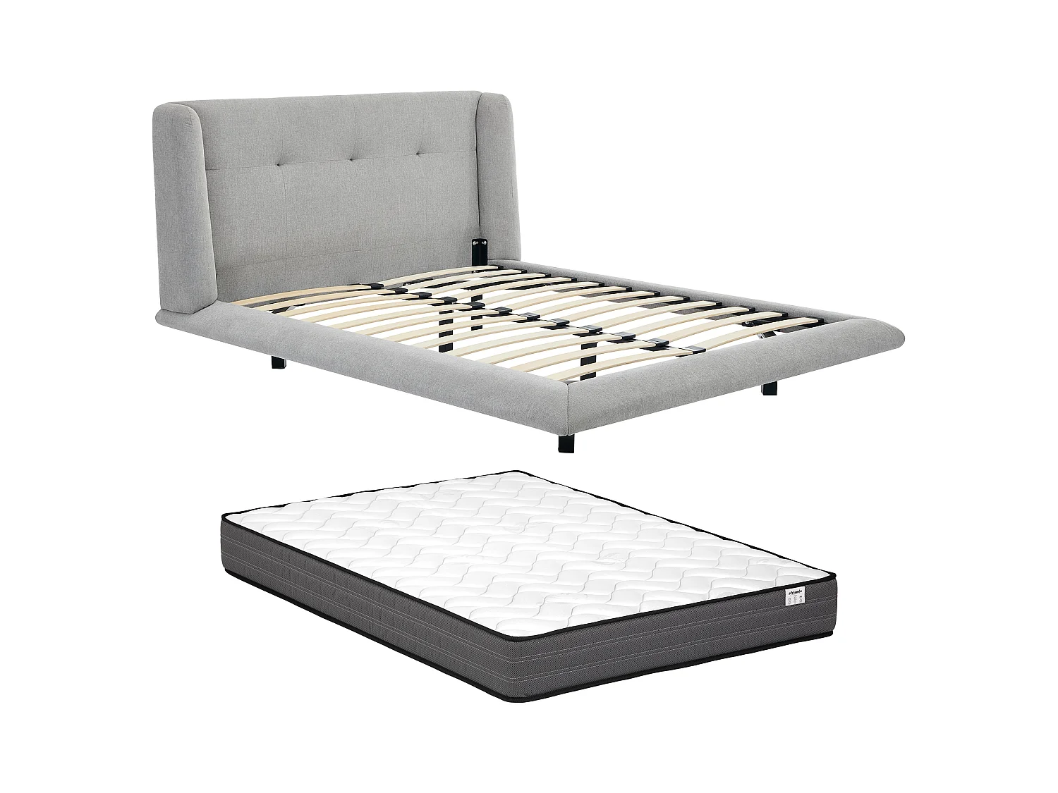 Bed 160 x 200 cm met hoofdbord met capitons - Stof - Lichtgrijs + matras - PENAVI