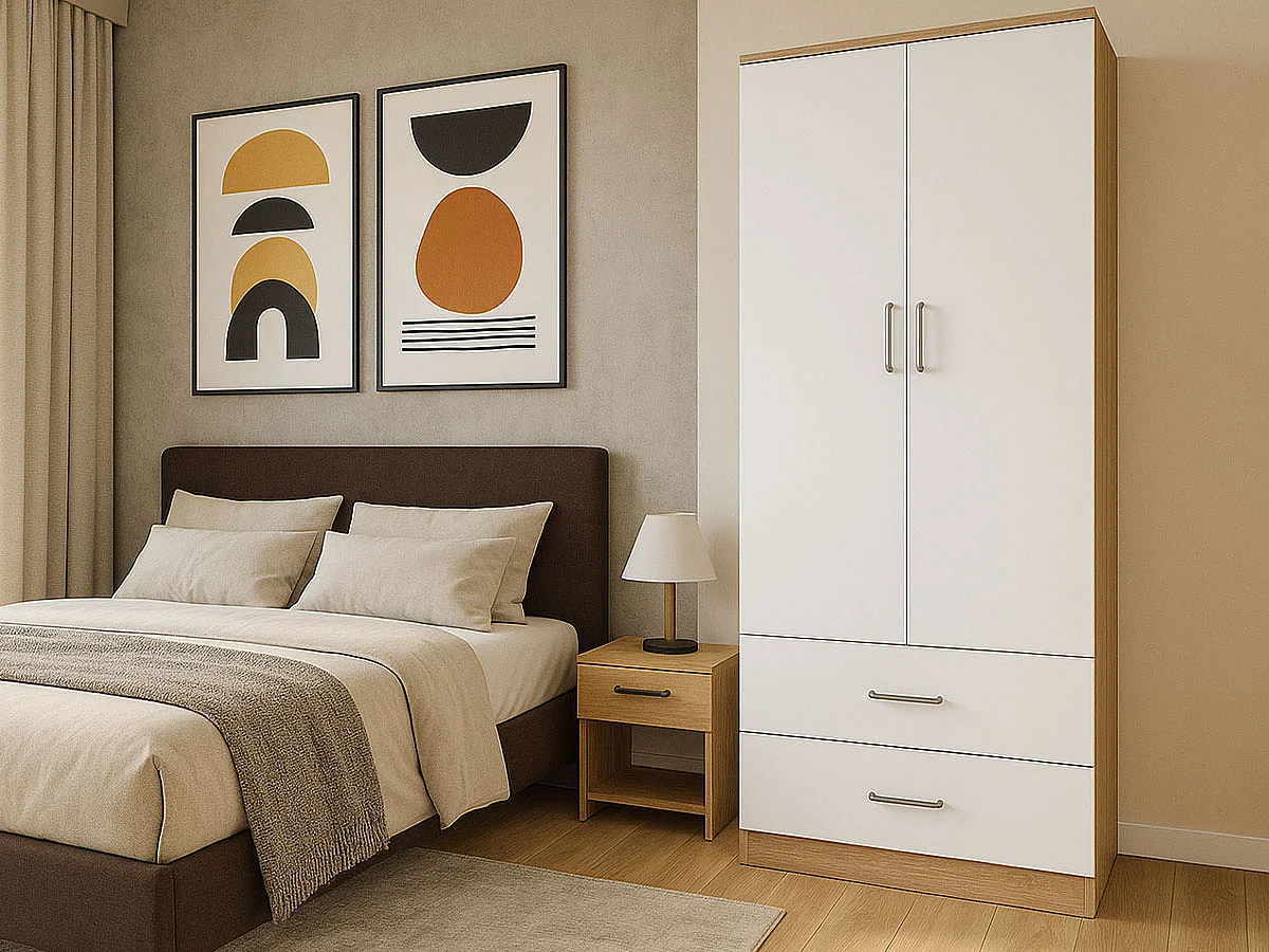 Roupeiro Milan (Branco, Carvalho Claro)(2 Portas de Abrir, 2 Gavetas)