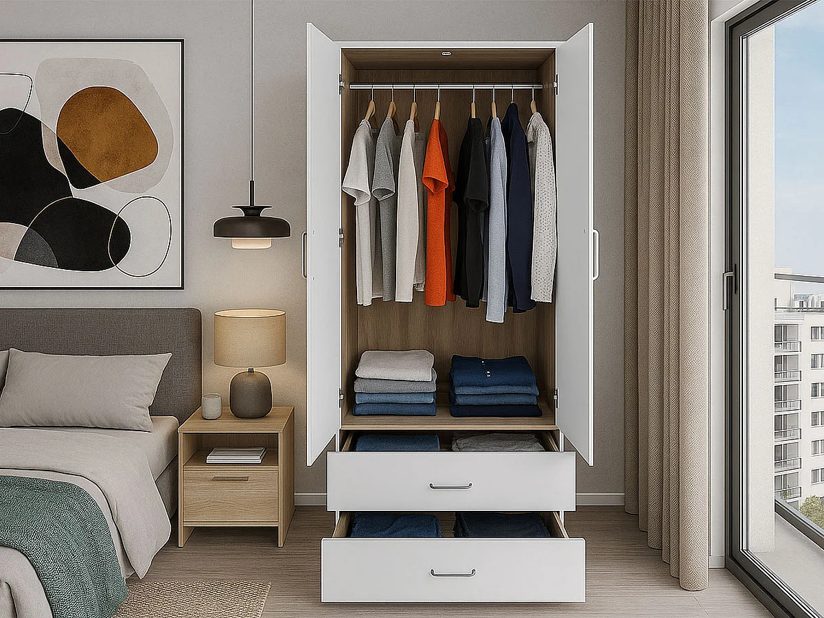 Roupeiro Milan (Branco, Carvalho Claro)(2 Portas de Abrir, 2 Gavetas)