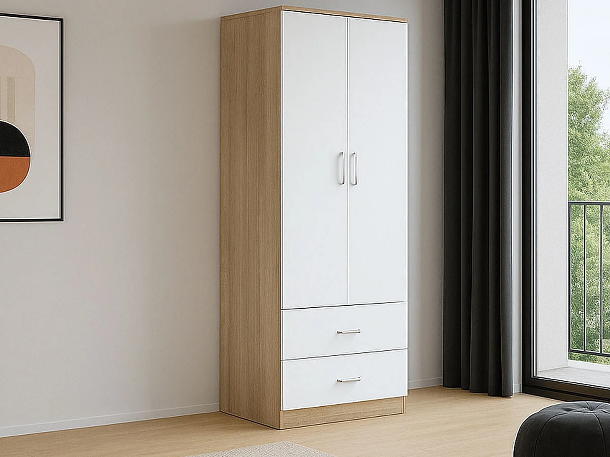 Roupeiro Milan (Branco, Carvalho Claro)(2 Portas de Abrir, 2 Gavetas)