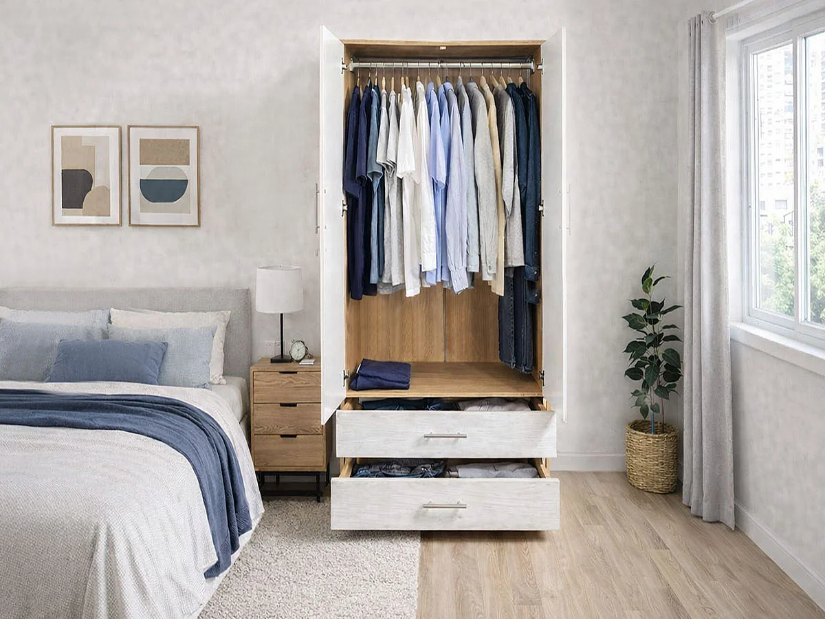 Roupeiro Milan (Branco, Carvalho Claro)(2 Portas de Abrir, 2 Gavetas)