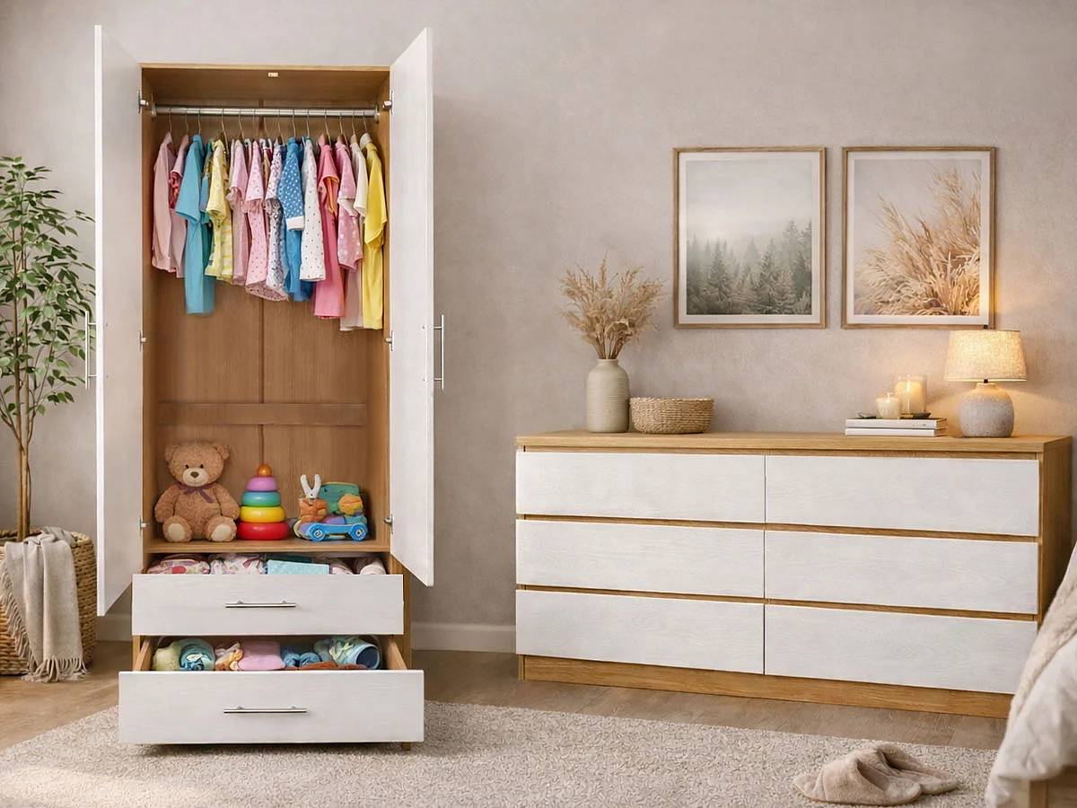 Roupeiro Milan (Branco, Carvalho Claro)(2 Portas de Abrir, 2 Gavetas)