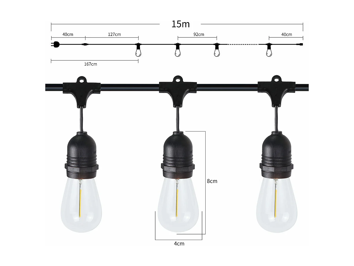 NETTLIFE LED-Lichterkette für den Außenbereich, 15 m, Gartenlicht, IP65, wasserdicht, 16 Glühbirnen