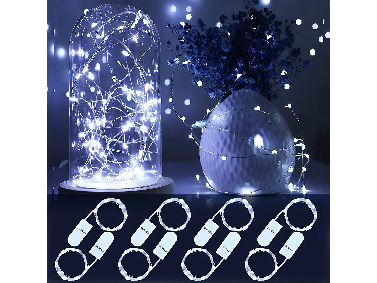 NETTLIFE LED-Lichterkette, 8er-Pack, 2 m, kaltweißer Kupferdraht mit batteriebetriebener Lichterkette