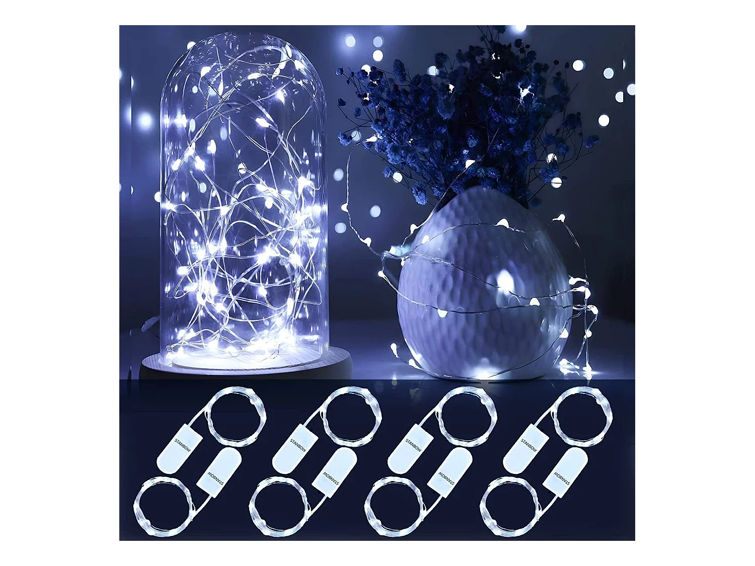NETTLIFE Guirlande Lumineuse LED Pack de 8 Fil de Cuivre Blanc Froid 2M avec Chaîne Lumineuse à Batterie