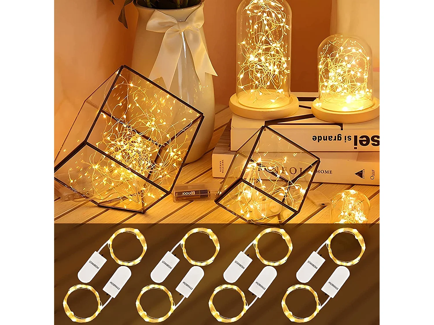 NETTLIFE Guirlande Lumineuse LED Pack de 8 Fil de Cuivre Blanc Chaud 2M avec Chaîne Lumineuse à Batterie