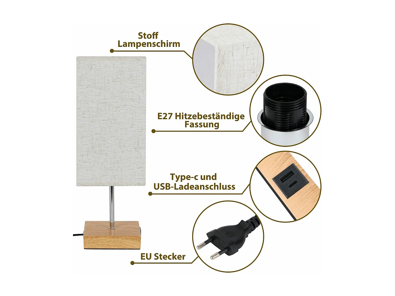 NETTLIFE Vintage USB dimmbare Touch-Tischlampe E27 mit Typ-C und USB-Ladefunktion ohne Glühbirne