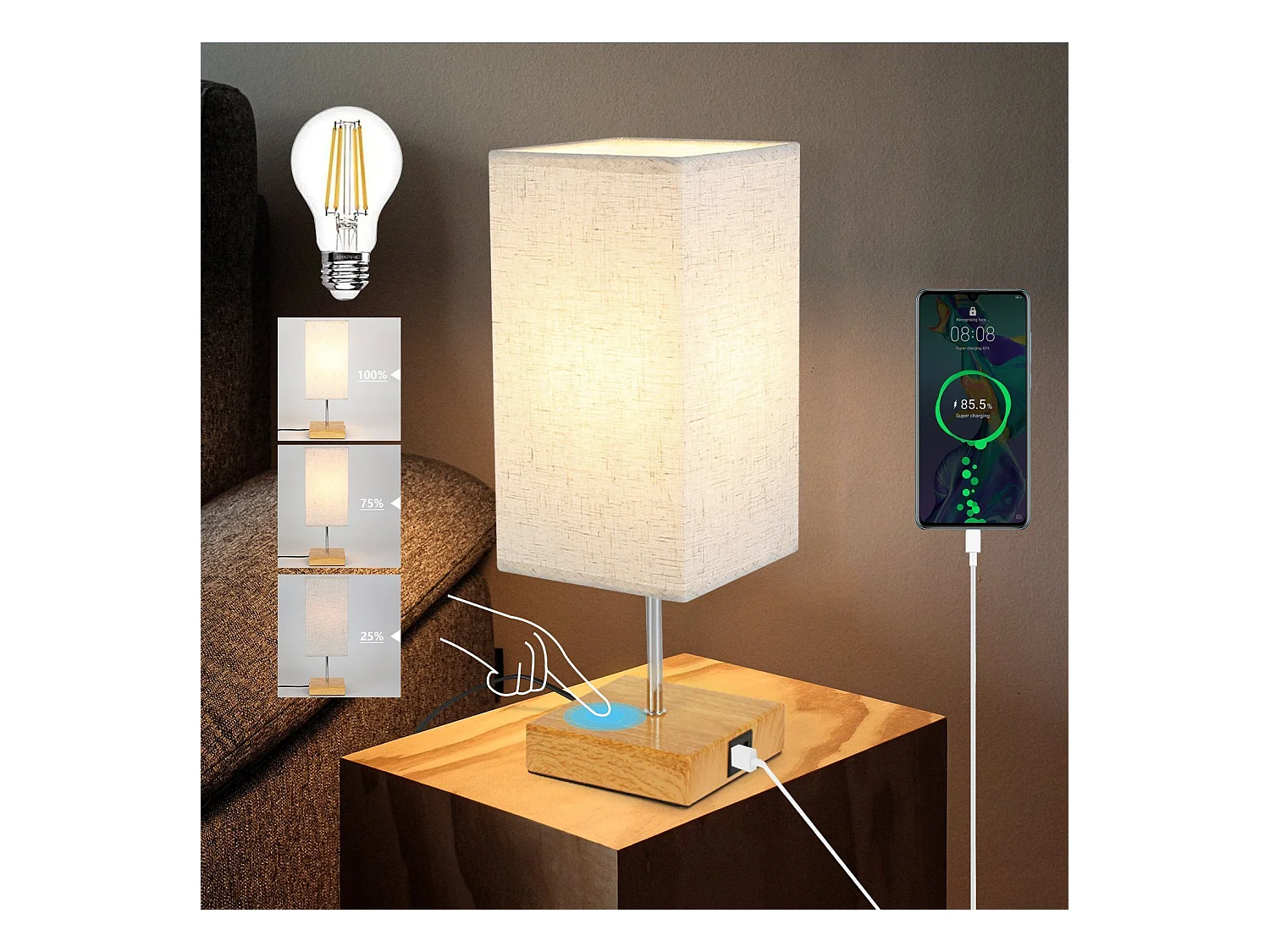 NETTLIFE Vintage USB Dimbare Touch Tafellamp E27 met Type-C en USB Oplaadfunctie Zonder Lamp
