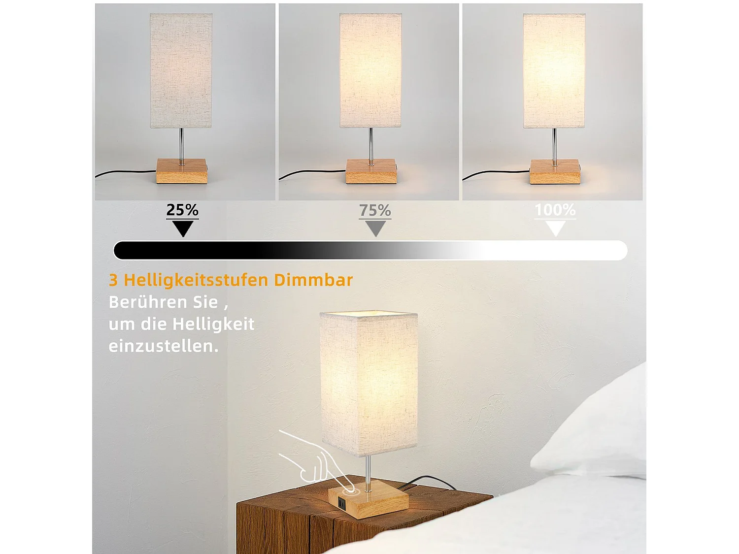 NETTLIFE Tafellamp E27 hout rechthoekig 3000K Warm wit Licht Touch Dimbaar nachtlamp met USB laadfunctie stoffen lampenkap