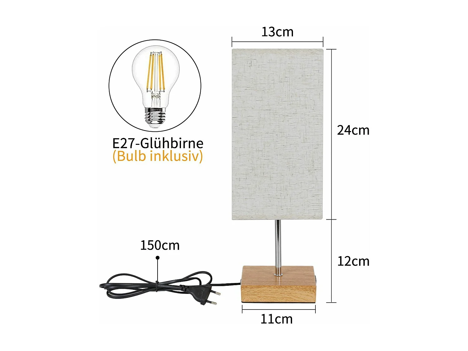 NETTLIFE Tafellamp E27 hout rechthoekig 3000K Warm wit Licht Touch Dimbaar nachtlamp met USB laadfunctie stoffen lampenkap