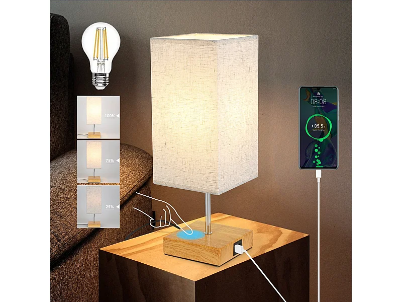 NETTLIFE Tafellamp E27 hout rechthoekig 3000K Warm wit Licht Touch Dimbaar nachtlamp met USB laadfunctie stoffen lampenkap
