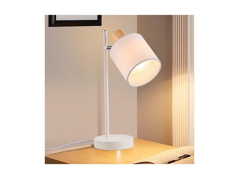 NETTLIFE Vintage Nachttischlampe aus Holz 35,5cm E14 weiß Stofflampenschirm mit Schalter Verstellbar ohne Leuchtmittel