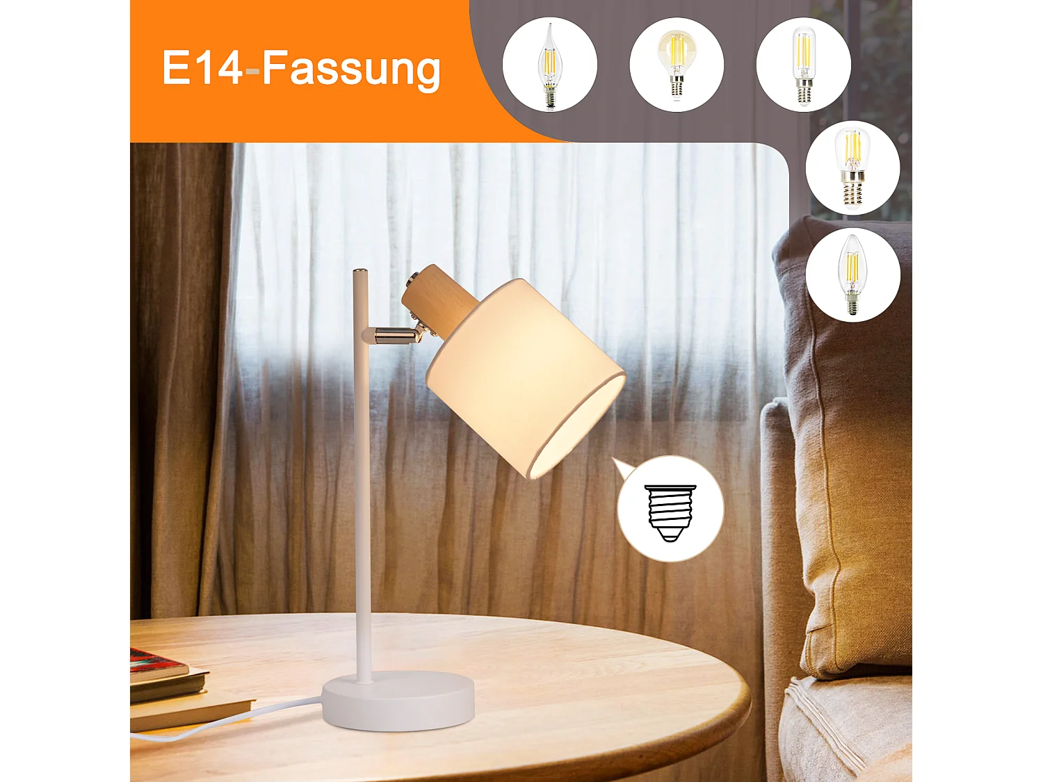 NETTLIFE Vintage Nachttischlampe aus Holz 35,5cm E14 weiß Stofflampenschirm mit Schalter Verstellbar ohne Leuchtmittel