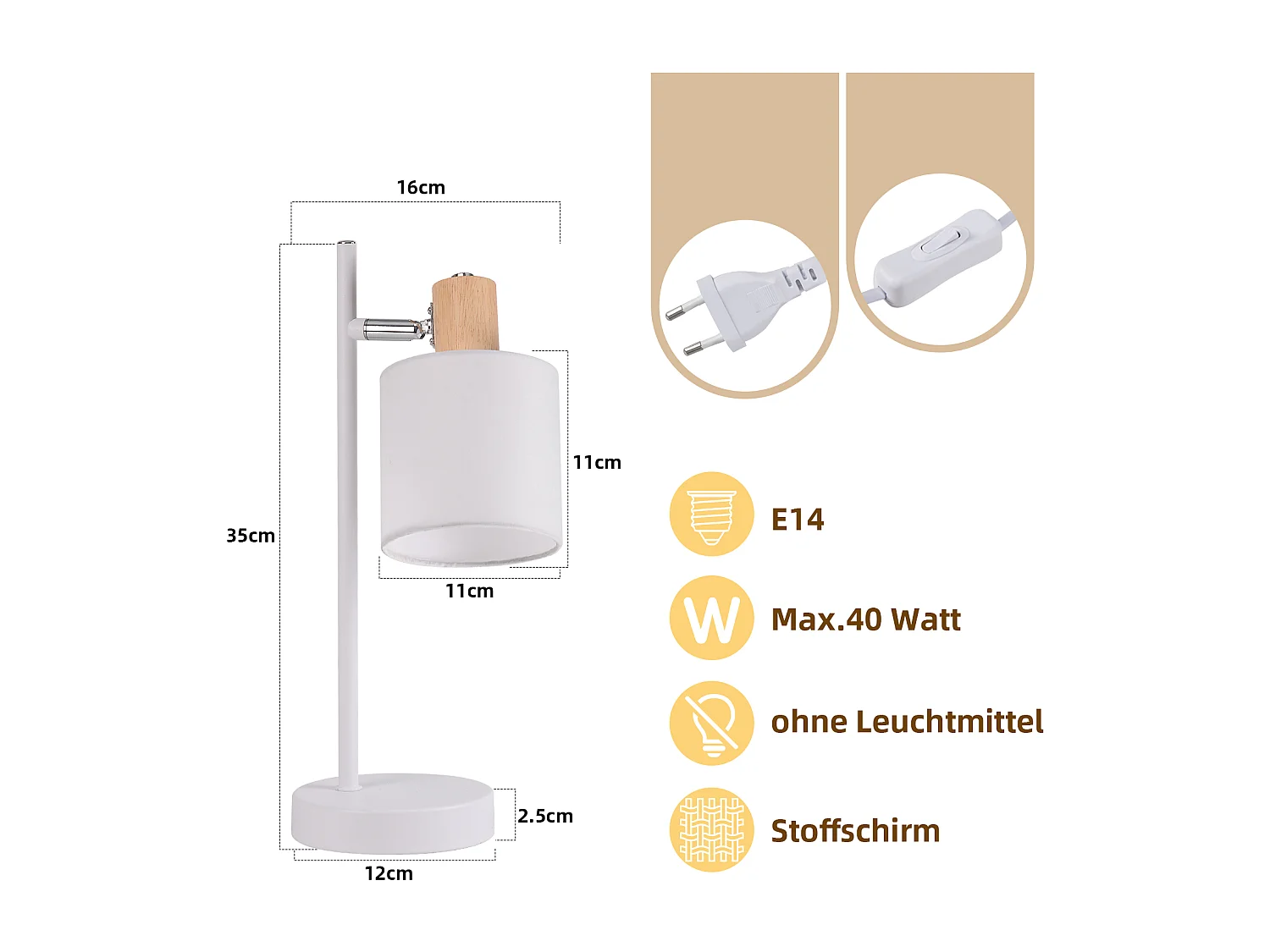 NETTLIFE Vintage Nachttischlampe aus Holz 35,5cm E14 weiß Stofflampenschirm mit Schalter Verstellbar ohne Leuchtmittel