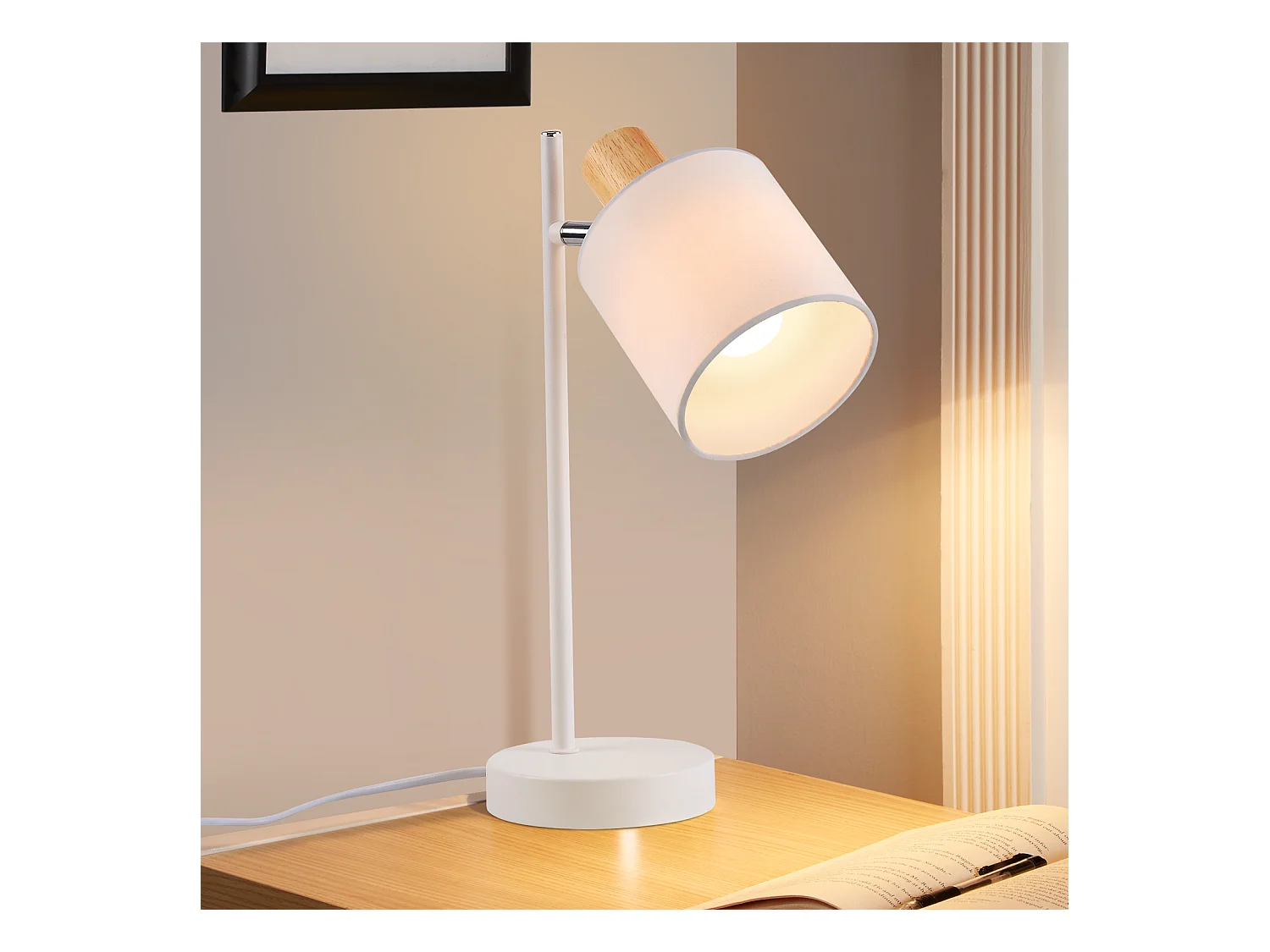 NETTLIFE Vintage houten bedlamp 35,5cm E14 wit Stoffen lampenkap met schakelaar Verstelbaar zonder gloeilamp