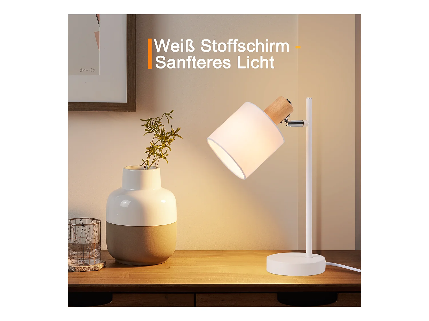 NETTLIFE Vintage houten bedlamp 35,5cm E14 wit Stoffen lampenkap met schakelaar Verstelbaar zonder gloeilamp