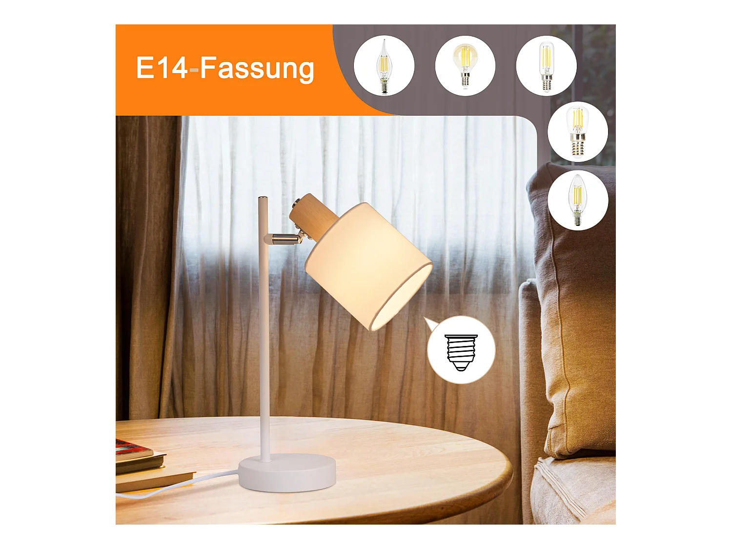 NETTLIFE Vintage houten bedlamp 35,5cm E14 wit Stoffen lampenkap met schakelaar Verstelbaar zonder gloeilamp