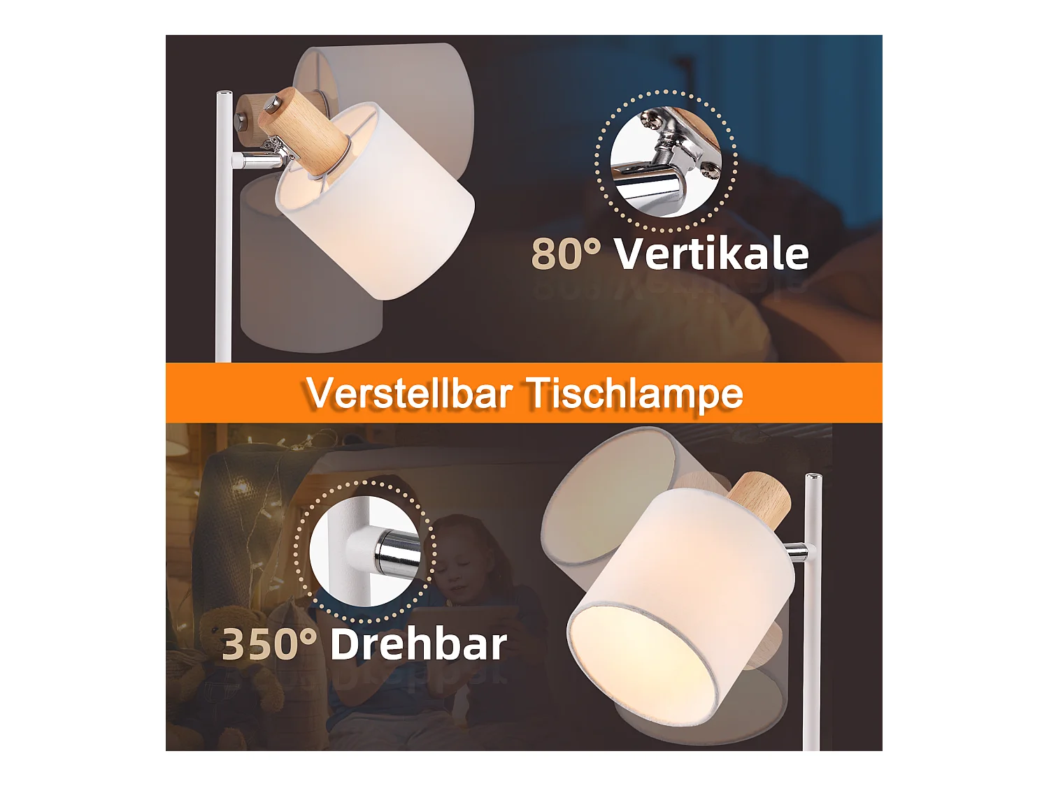 NETTLIFE Vintage houten bedlamp 35,5cm E14 wit Stoffen lampenkap met schakelaar Verstelbaar zonder gloeilamp