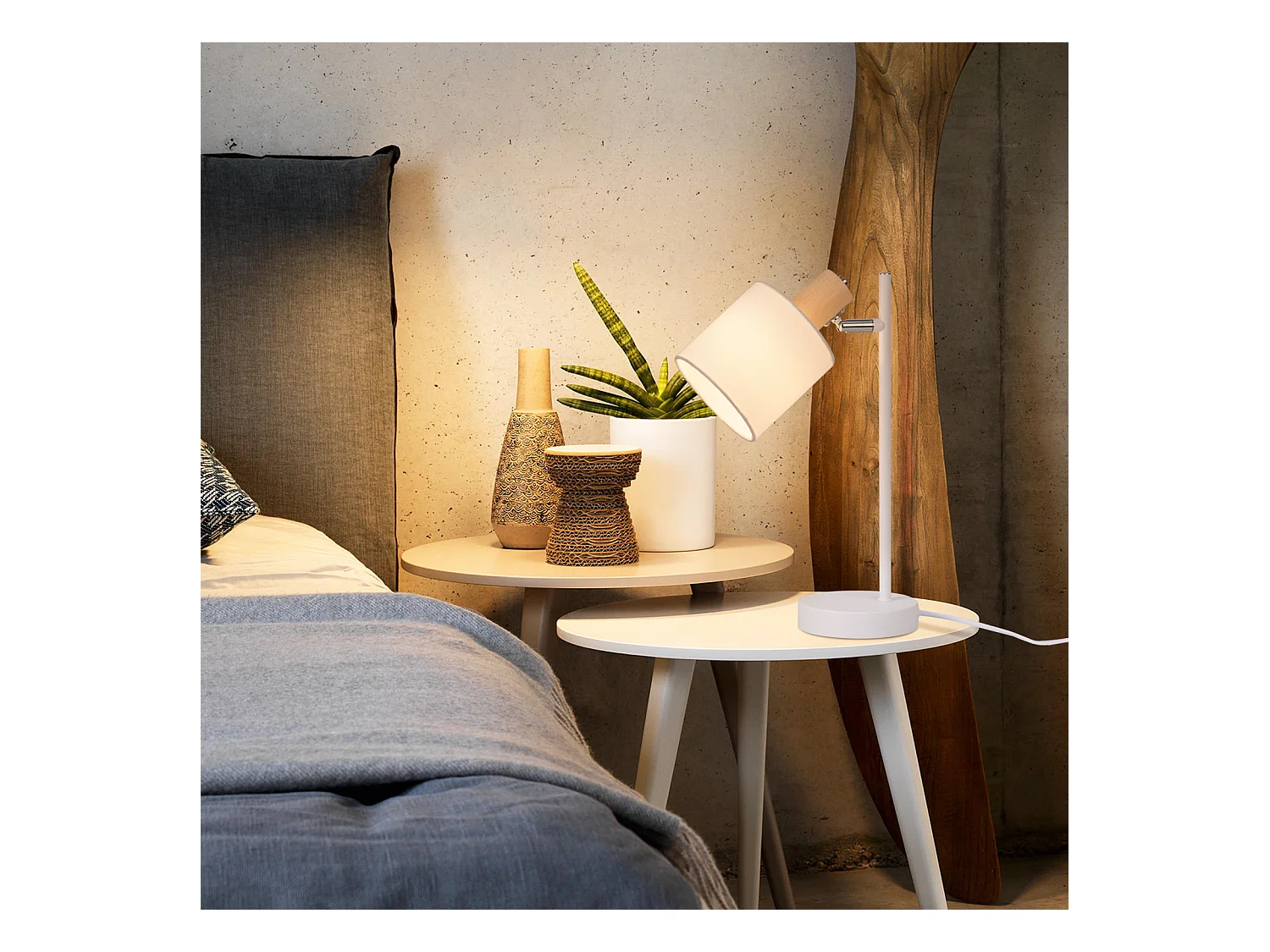 NETTLIFE Vintage houten bedlamp 35,5cm E14 wit Stoffen lampenkap met schakelaar Verstelbaar zonder gloeilamp