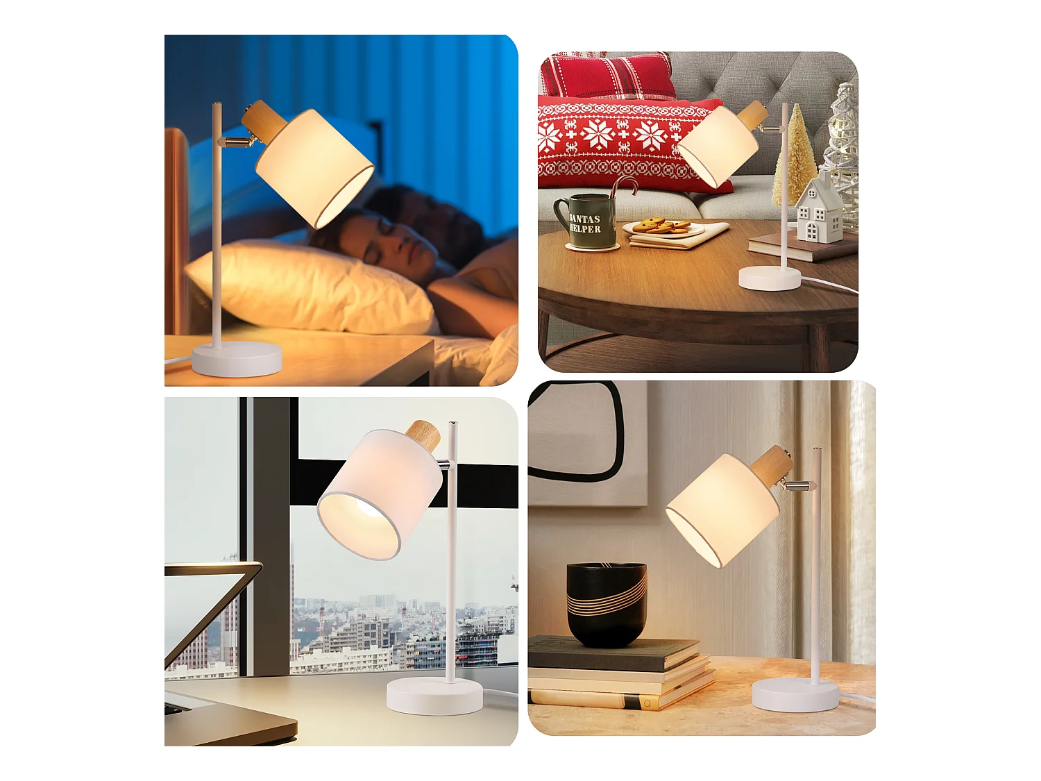 NETTLIFE Vintage houten bedlamp 35,5cm E14 wit Stoffen lampenkap met schakelaar Verstelbaar zonder gloeilamp