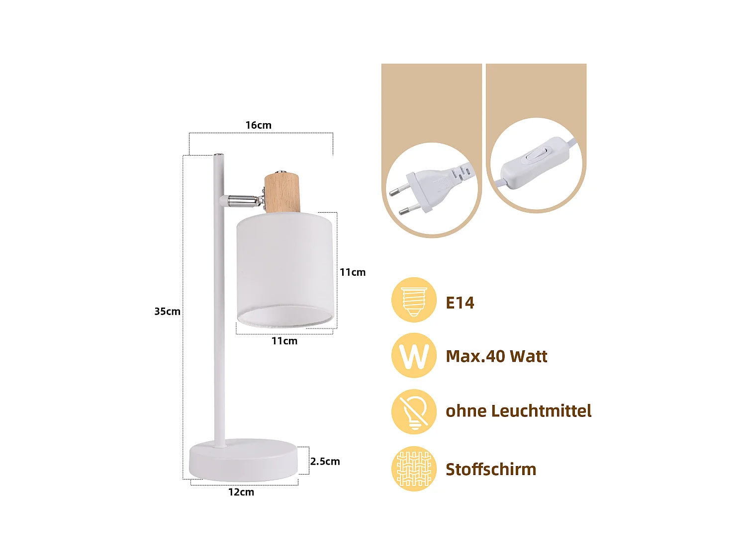 NETTLIFE Vintage houten bedlamp 35,5cm E14 wit Stoffen lampenkap met schakelaar Verstelbaar zonder gloeilamp