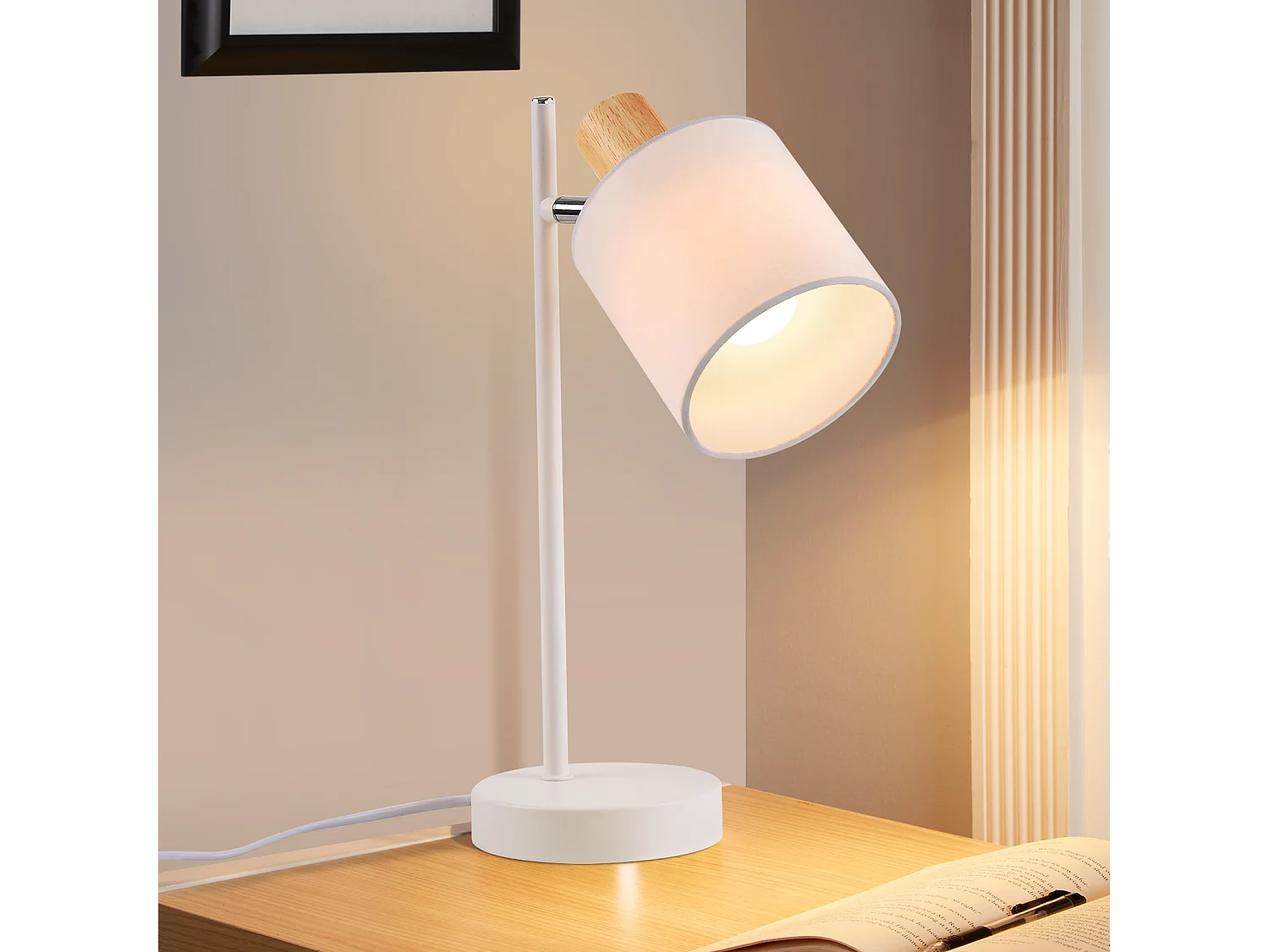 NETTLIFE Tafellamp hout E14 Fitting Wit Vintage draaibaar Tafellamp 35,5cm Stoffen lampenkap met schakelaar kabel en stekker