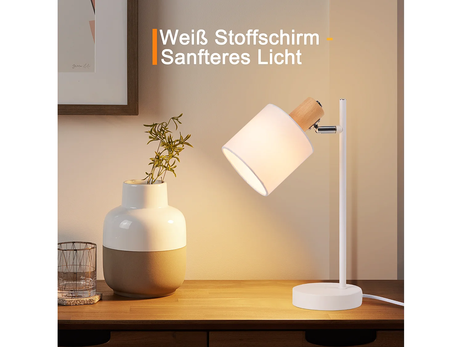 NETTLIFE Tafellamp hout E14 Fitting Wit Vintage draaibaar Tafellamp 35,5cm Stoffen lampenkap met schakelaar kabel en stekker