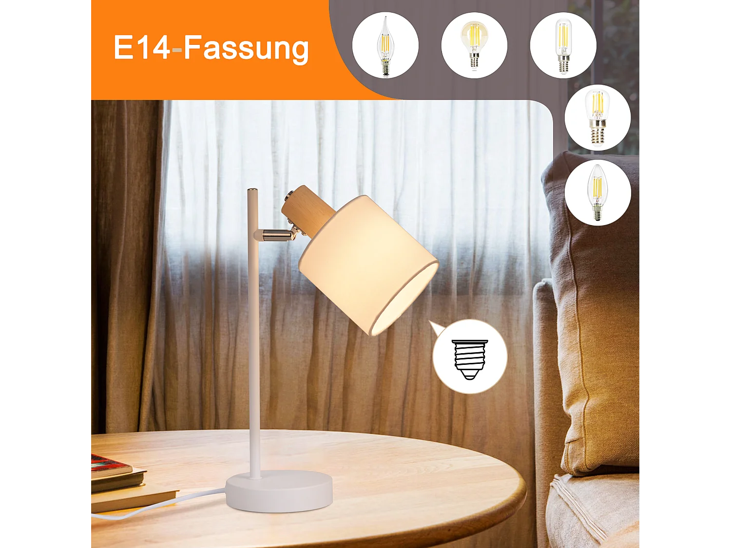 NETTLIFE Tafellamp hout E14 Fitting Wit Vintage draaibaar Tafellamp 35,5cm Stoffen lampenkap met schakelaar kabel en stekker