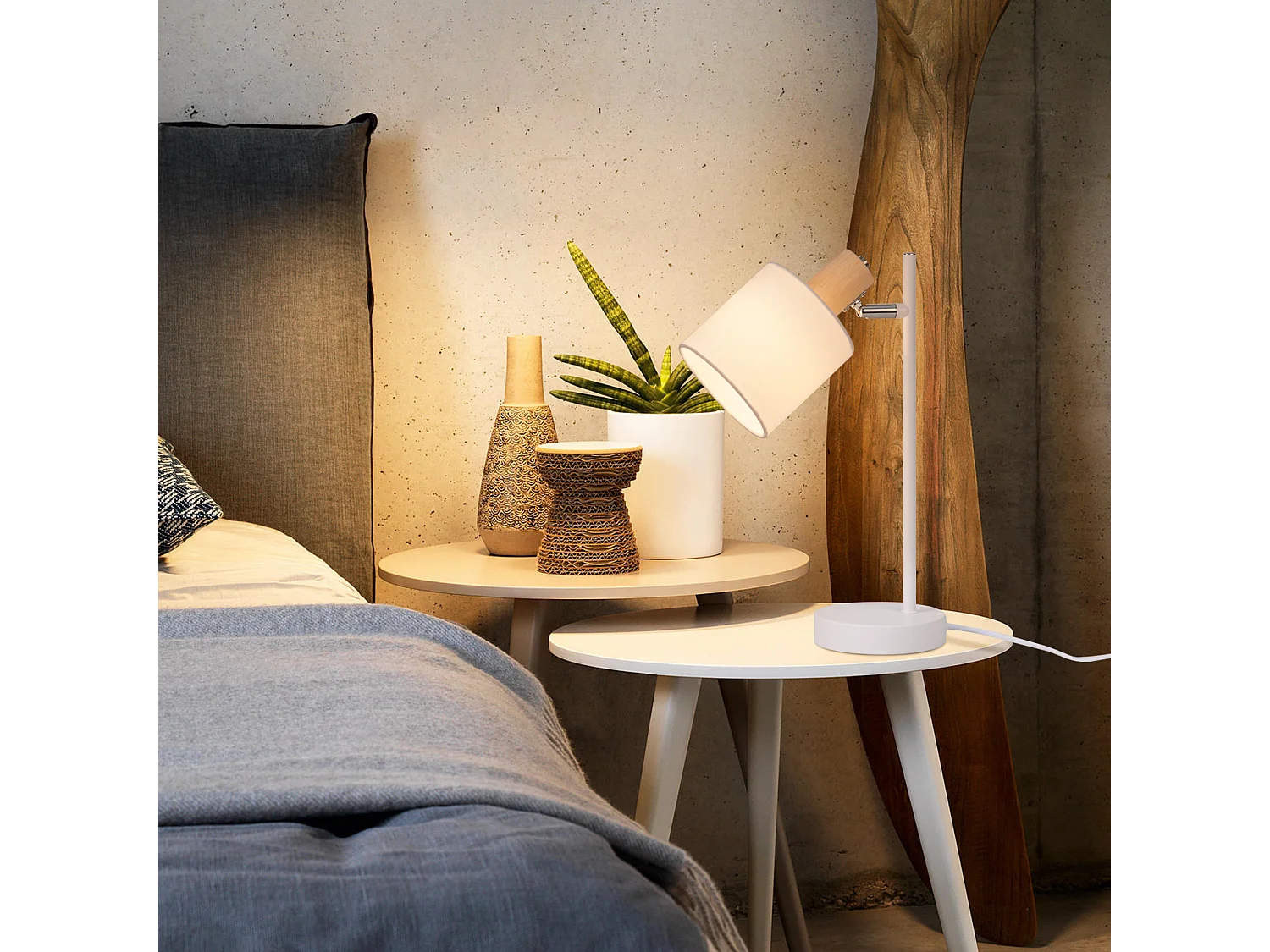 NETTLIFE Tafellamp hout E14 Fitting Wit Vintage draaibaar Tafellamp 35,5cm Stoffen lampenkap met schakelaar kabel en stekker