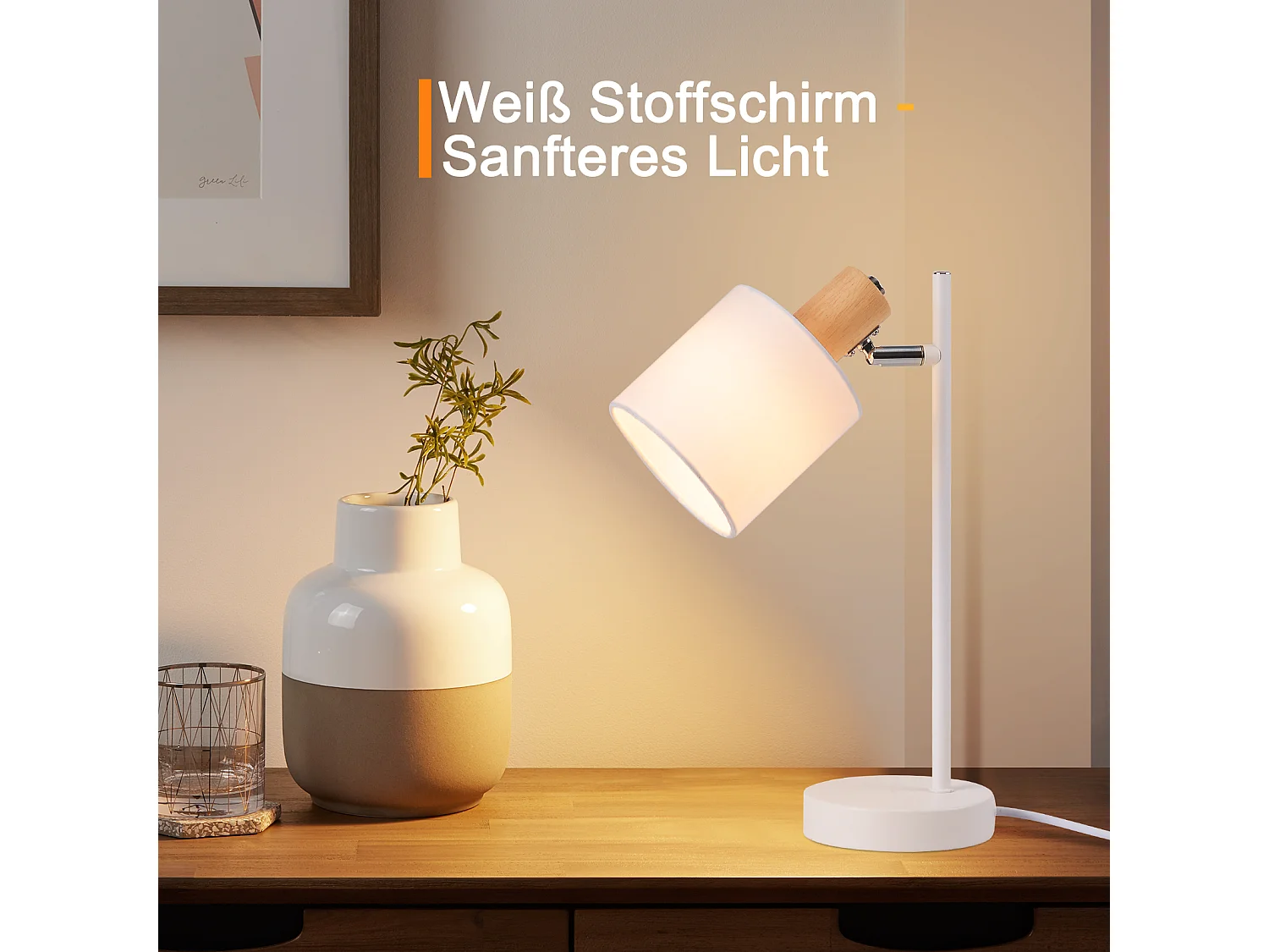 NETTLIFE Vintage Nachttischlampe aus Holz 35,5cm E14 weiß Stofflampenschirm mit Schalter Verstellbar ohne Leuchtmittel