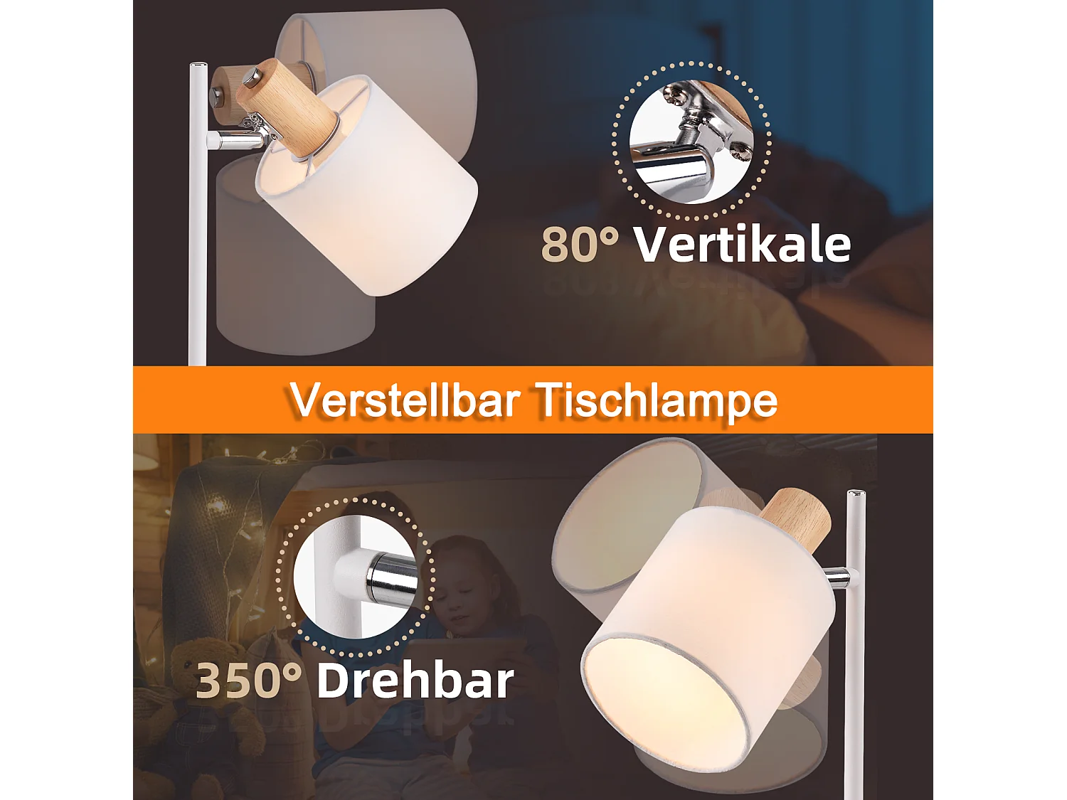 NETTLIFE Vintage Nachttischlampe aus Holz 35,5cm E14 weiß Stofflampenschirm mit Schalter Verstellbar ohne Leuchtmittel