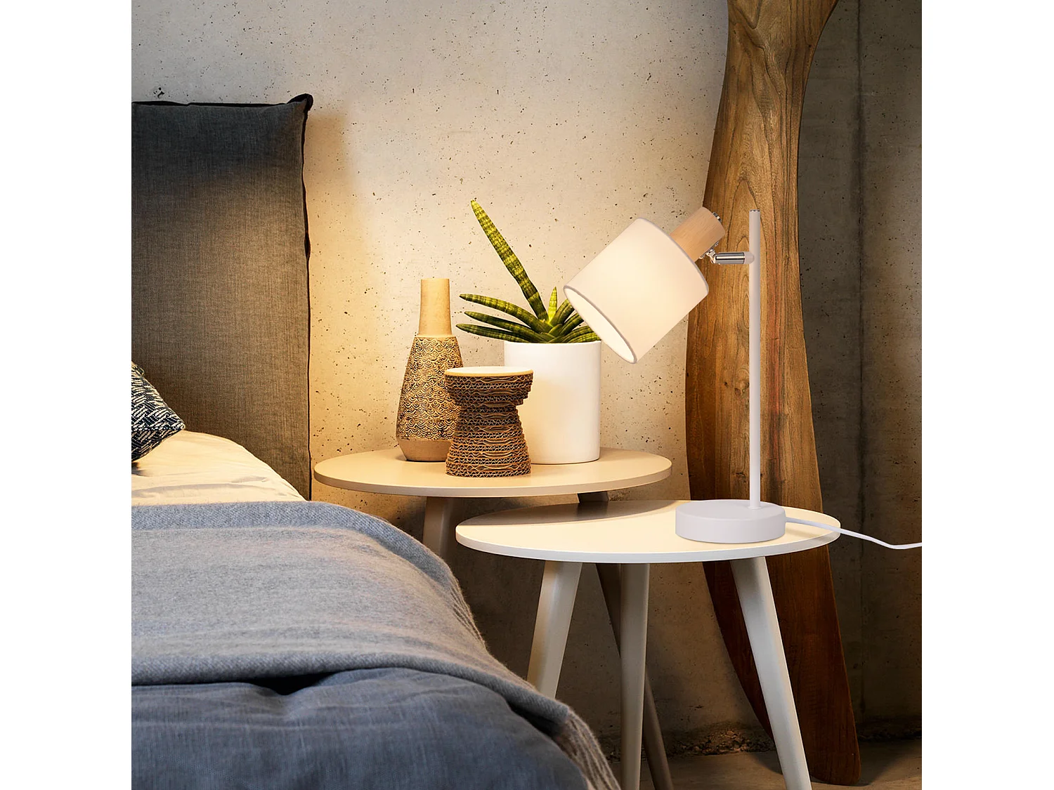 NETTLIFE Vintage Nachttischlampe aus Holz 35,5cm E14 weiß Stofflampenschirm mit Schalter Verstellbar ohne Leuchtmittel