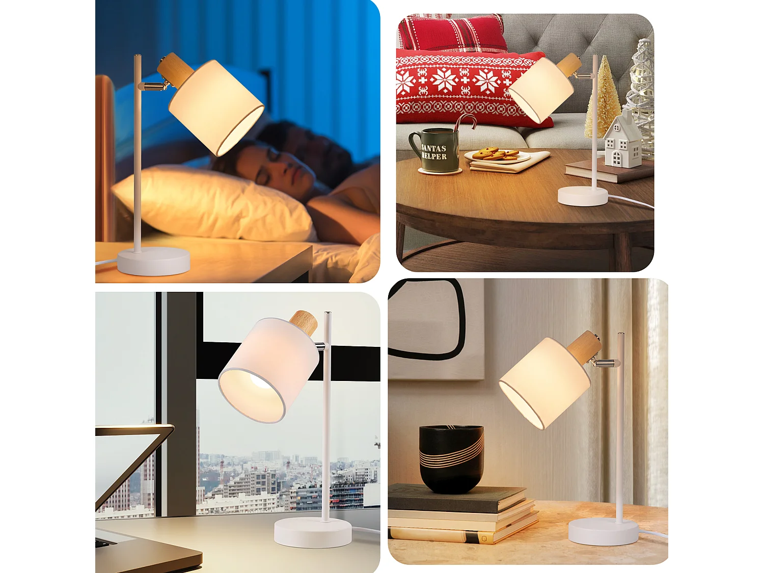 NETTLIFE Vintage Nachttischlampe aus Holz 35,5cm E14 weiß Stofflampenschirm mit Schalter Verstellbar ohne Leuchtmittel