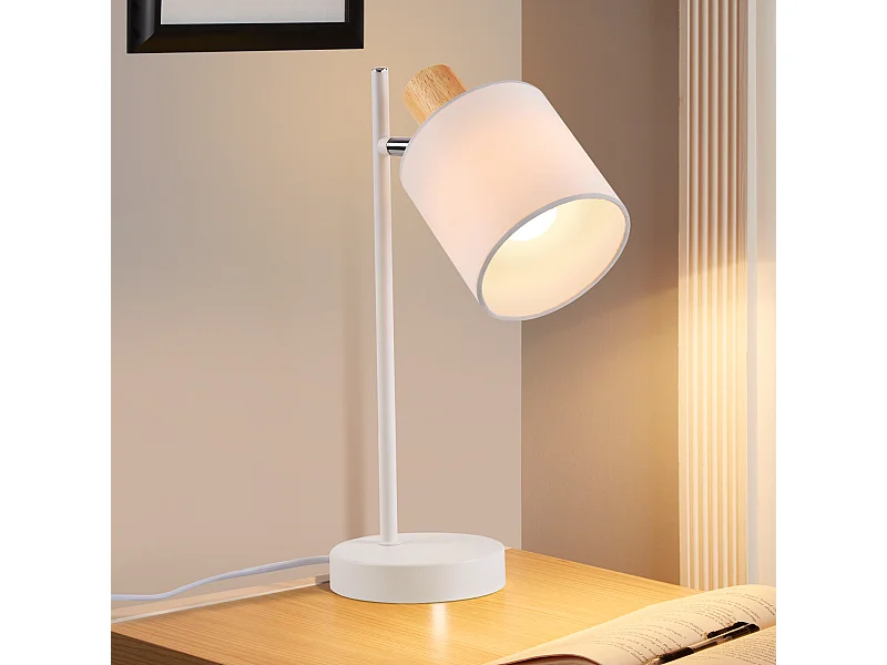 NETTLIFE Tafellamp hout E14 Fitting Wit Vintage draaibaar Tafellamp 35,5cm Stoffen lampenkap met schakelaar kabel en stekker