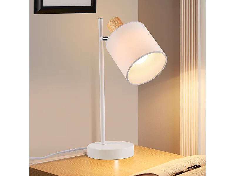 NETTLIFE Tafellamp hout E14 Fitting Wit Vintage draaibaar Tafellamp 35,5cm Stoffen lampenkap met schakelaar kabel en stekker