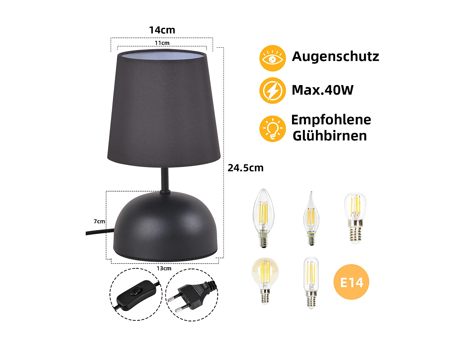 NETTLIFE Lampe de table de chevet lot de 2 avec câble noire petite tissu design moderne