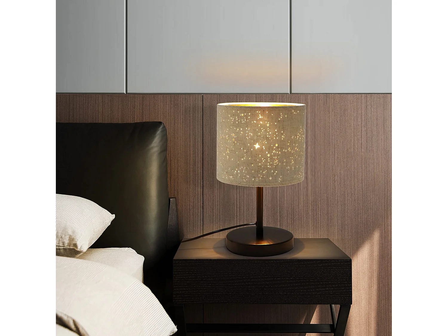 NETTLIFE Landhausstil Tischlampe Stoff E27 Retro Stern Design Weiß